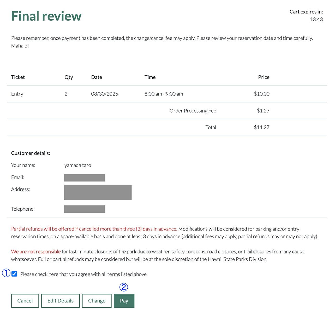 STEP.6　入力内容を確認しPay(支払い)をクリック
